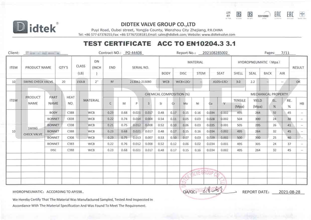 Check Valve Test Certificate Acc To EN10204.3 3