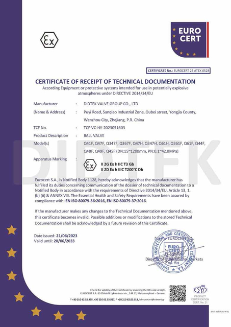 Didtek ATEX Certificate Of Receipt Of Technial Documentation Of Ball Valve 778